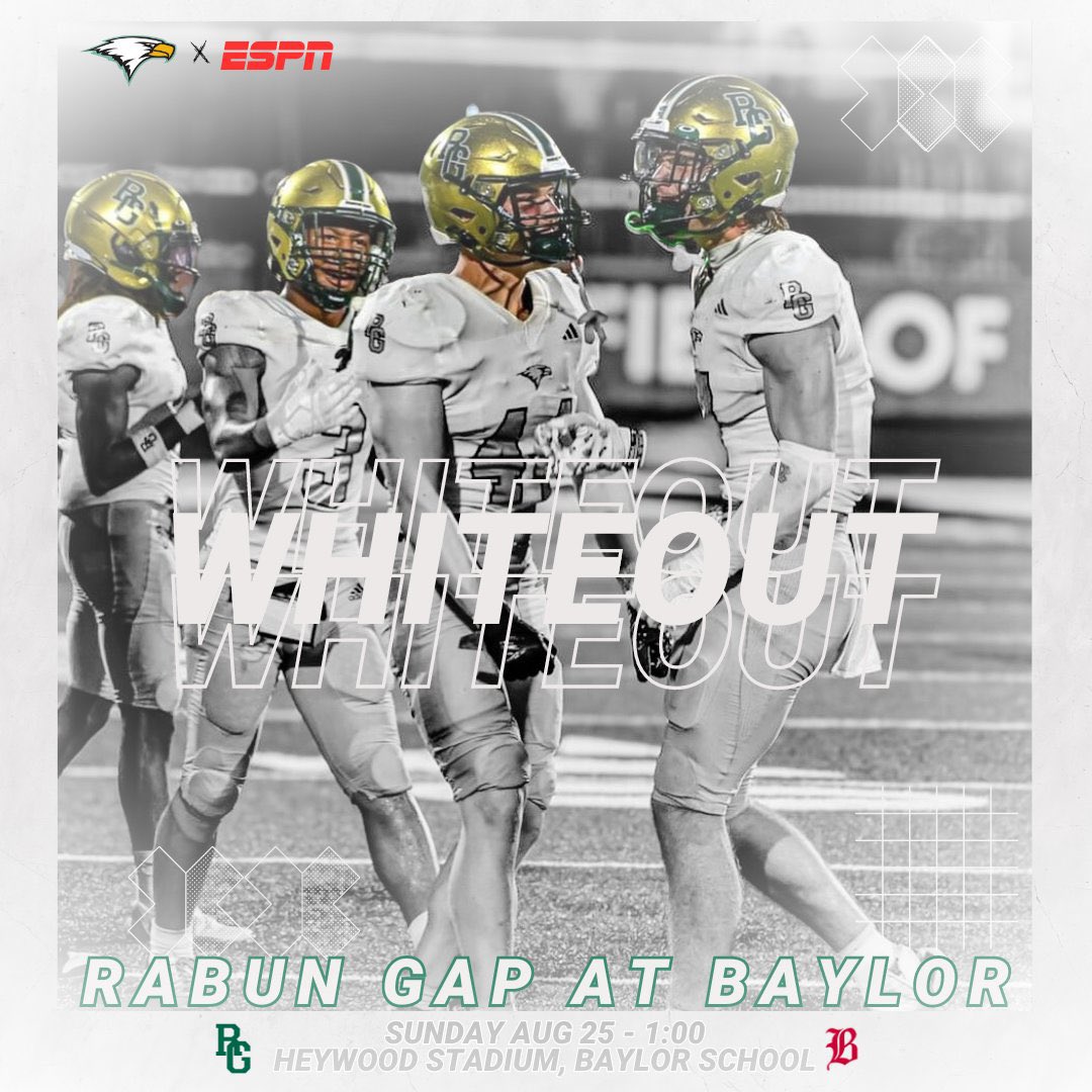 Rabun Gap Athletics (@rabungapeagles) on Twitter photo Whiteout Baylor on Sunday! 1:00 - Broadcast on ESPN
We'll have T shirts for students riding the pep bus in the student center this week and will have extras at the game if you're going to meet us there!
#LeadTheWay #BUILT4ships
<a href="/RGNS/">Rabun Gap-Nacoochee School</a> Whiteout Baylor on Sunday! 1:00 - Broadcast on ESPN
We'll have T shirts for students riding the pep bus in the student center this week and will have extras at the game if you're going to meet us there!
#LeadTheWay #BUILT4ships
<a href="/RGNS/">Rabun Gap-Nacoochee School</a>