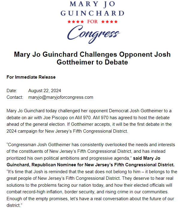 This morning, I challenged my opponent <a href="/Josh4Jersey/">Josh Gottheimer</a> to a debate ahead of the general election. Our constituents deserve to hear from us both about our plans to address the problems facing our nation today: record-high inflation, open borders, and rising crime in our communities.