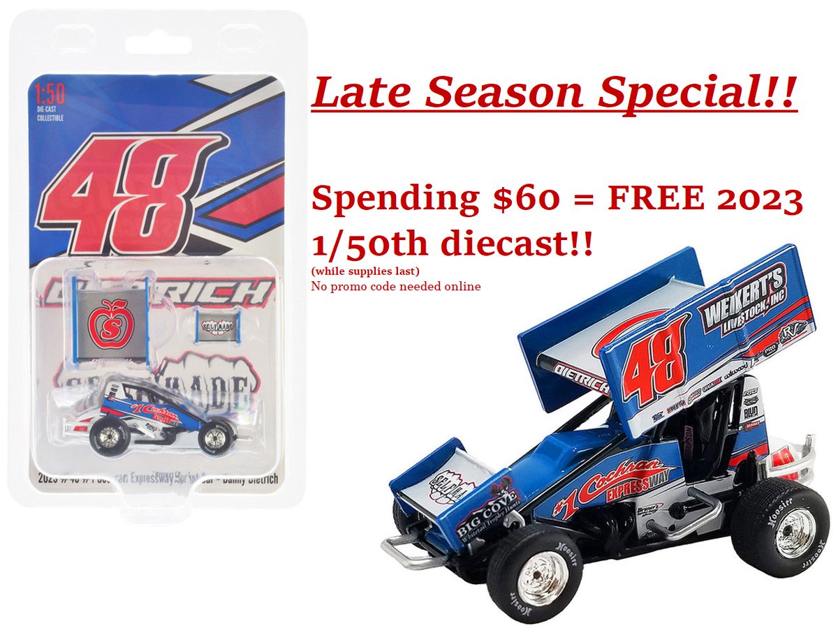 SPECIAL FOR THE REST OF 2024!!
Spend $60 to get a FREE 1/50th diecast!
Starts online now &amp; tomorrow at the track!

dannydietrich.com/merch/
(Everyone who PRE-ORDERED a 1/18-2024 diecast, will receive this offer)