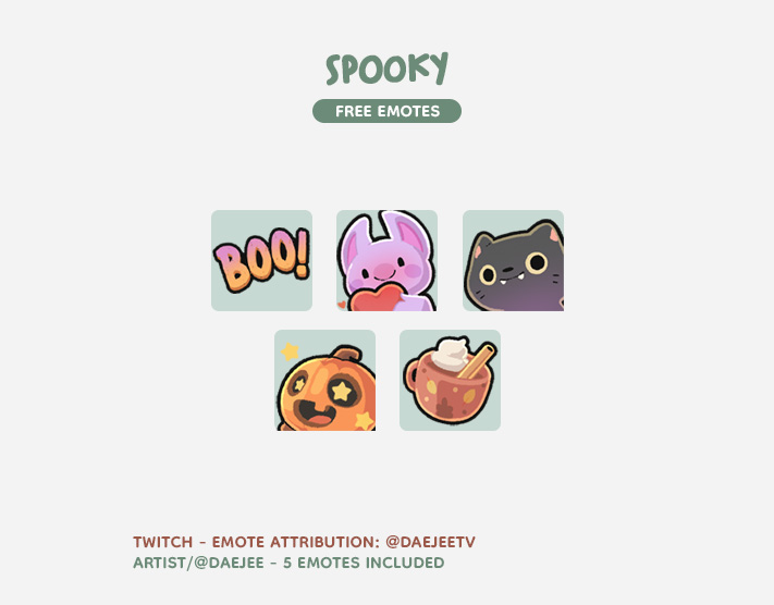 🎃 SPOOKY PACK 🎃

1 an plus tard, le pack d'emotes Spooky se refait un visuel ! Et c'est toujours GRATUIT ! 

N'hésitez pas à partager mon travail 🩷