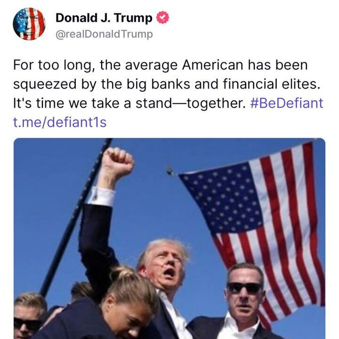 🇺🇸 "For too long, the average American has been squeezed by the big banks and financial elites, it's time we take a stand together" - <a href="/realDonaldTrump/">Donald J. Trump</a> on Truth Social.  👀