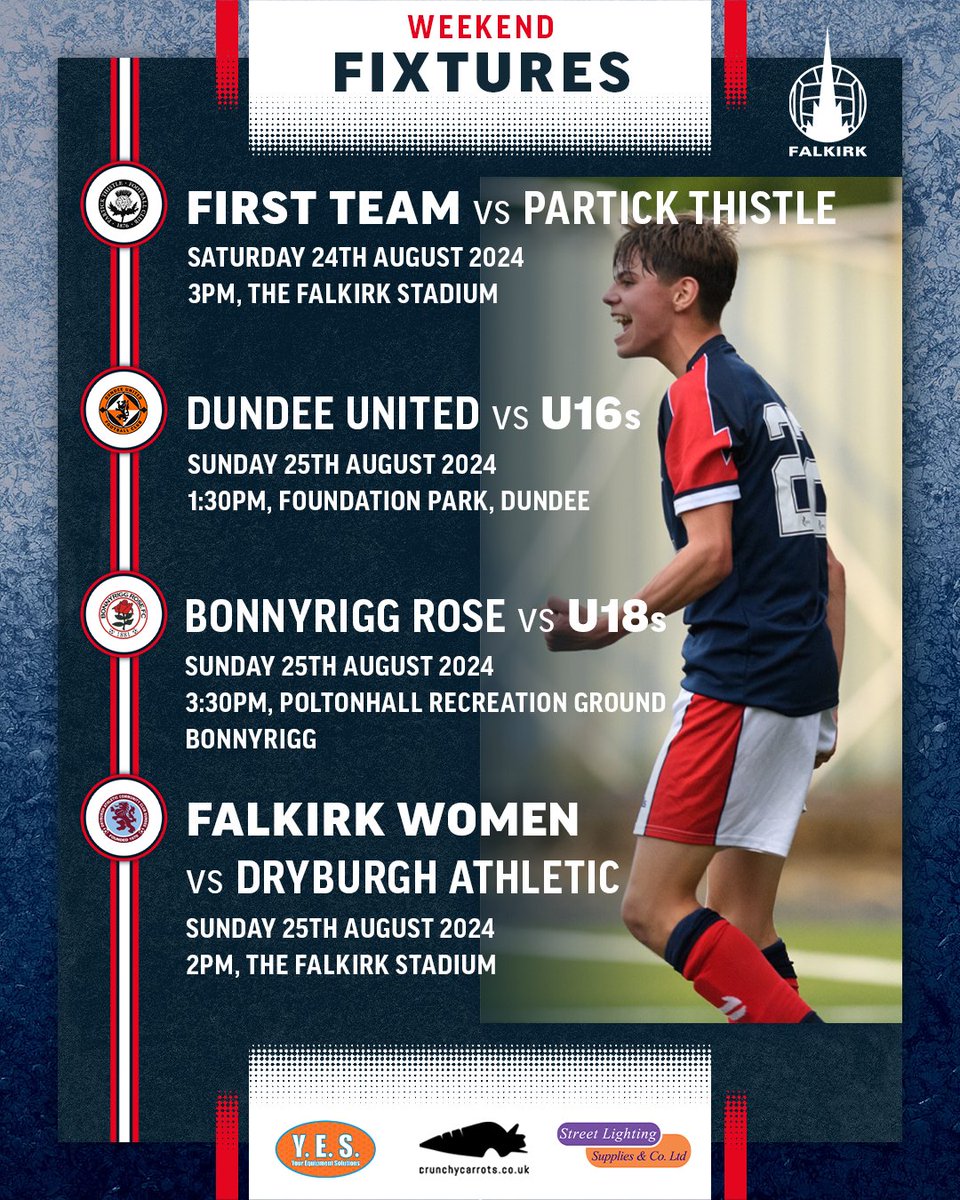 🆚 All of our teams are in action this weekend!

The U16s and U18s return to league football against Dundee United and Bonnyrigg Rose, while <a href="/FalkirkWomen_/">Falkirk Women</a> continue their start to the season against Dryburgh Athletic.

Get down to support them if you can!