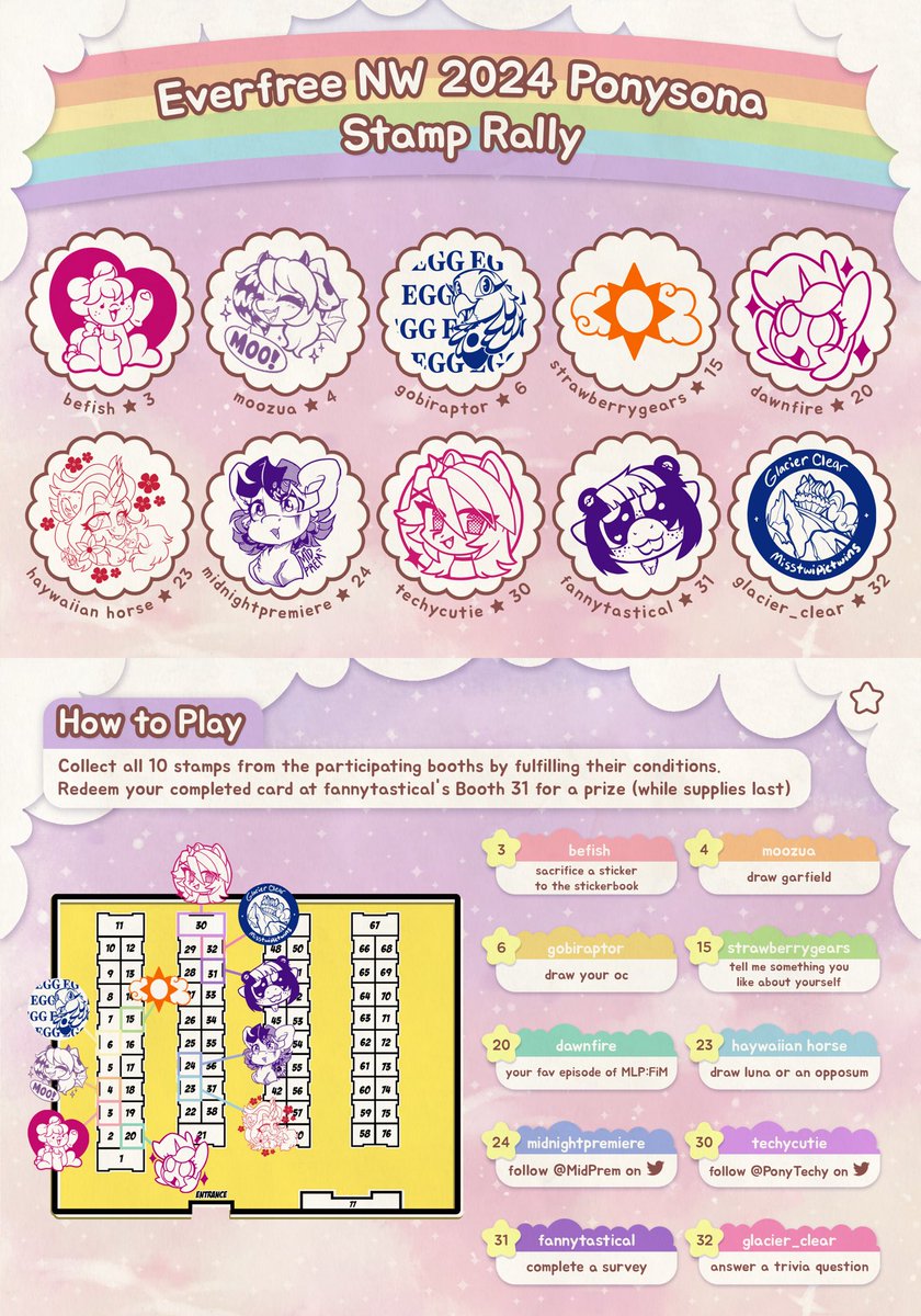 fannytastical's tweet image. I'm hosting a Ponysona stamp rally at @EverfreeNW 2024! We made stickers and magnets. No purchases necessary.
💖 Participating Artists 💖
@BefishProd ❤️ @MoozuaMary 🧡 @Gobiraptor 💛 @strawberrygears 💚 @Dawnfire 💙 @HaywaiianHorse 💜 @MidPrem 🤍 @Techycutie 💗 @glacier_clear