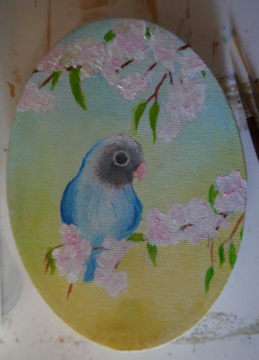#WIP Work in Progress! Original Chibi #Lovebird Bird on Sakura Cherry Blossom Branch #Painting...

It is 5"7" on canvas and is being painted in duo oils.   Here I've painted the base of the flowers, I still need to paint their cores and put some final details on the little bird.