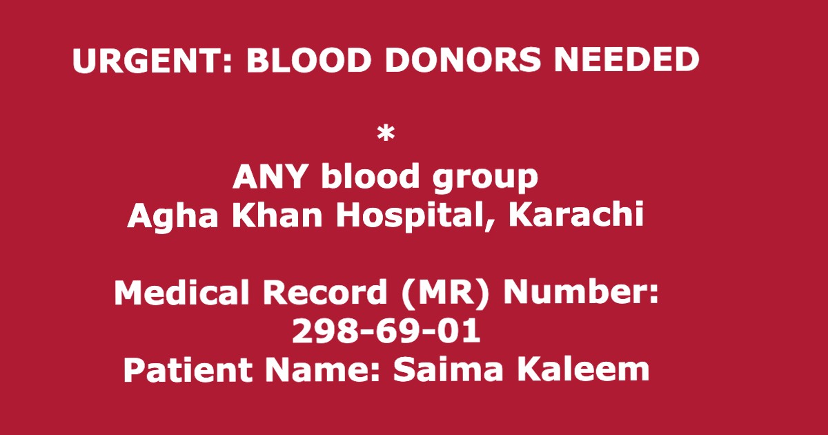 Shehryar Hydri (@sheryhydri) on Twitter photo URGENT: BLOOD DONORS NEEDED
My cousin is hospitalised at AKH, and needs multiple bottles daily.
We're in touch with <a href="/MOHAFIZ_control/">MOHAFIZ</a>  + other services.
Pls spread the word & donate yourself if possible.
Donors can go directly to the blood bank & donate for this MR number.👇 URGENT: BLOOD DONORS NEEDED
My cousin is hospitalised at AKH, and needs multiple bottles daily.
We're in touch with <a href="/MOHAFIZ_control/">MOHAFIZ</a>  + other services.
Pls spread the word & donate yourself if possible.
Donors can go directly to the blood bank & donate for this MR number.👇