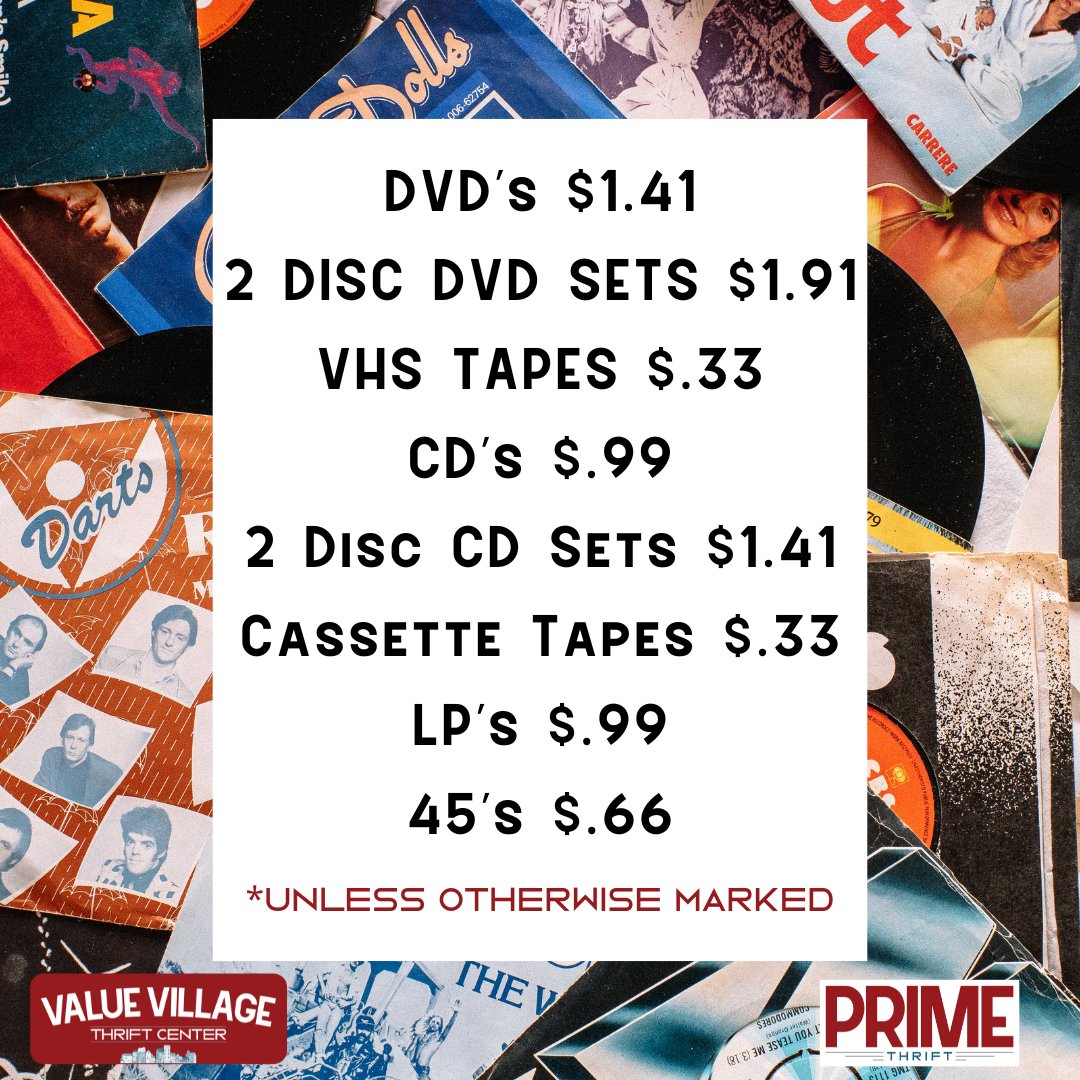 Did you know we have an assortment of DVDs, VHS, LPs, 45s, CDs and more?! Check out these sweet prices, too! 
Primethrift.com