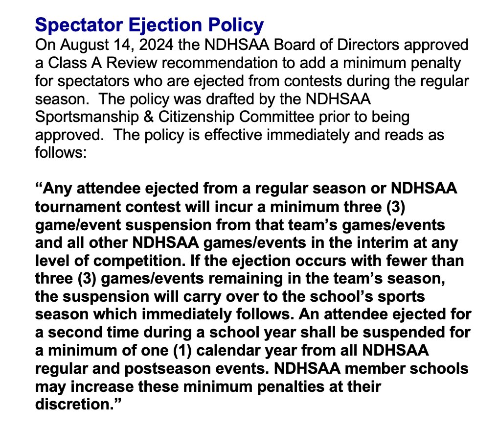Attention all ND HS fans.   Here is NDHSAA's new spectator removal policy. #StayClassy