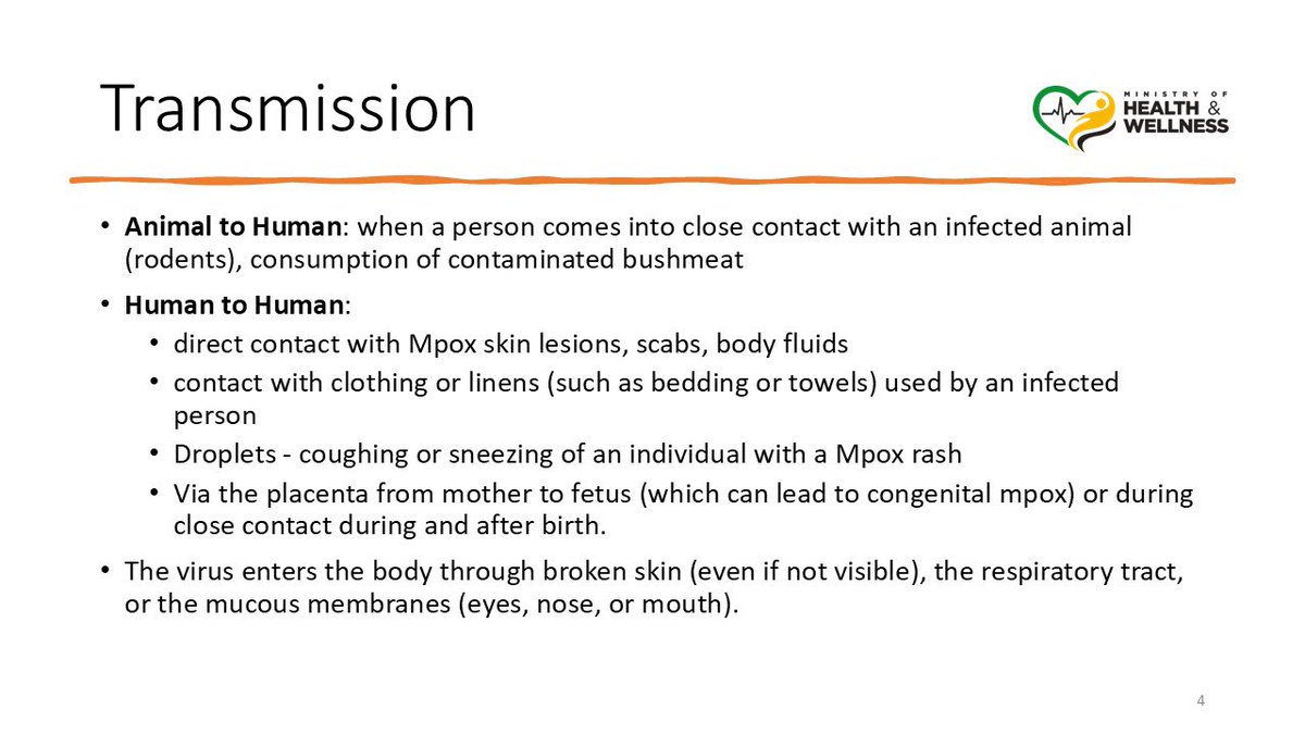 themohwgovjm's tweet photo. @christufton @WHO @JISNews 🚨 Mpox Transmission Alert 🚨
🦠Animal to Human: Contact with infected animals or bushmeat
🦠Human to Human: Contact with lesions, fluids, contaminated items, droplets, or via the placenta
Protect yourself—know how Mpox spreads!
#MpoxAlert https://t.co/X7RzxHHckb