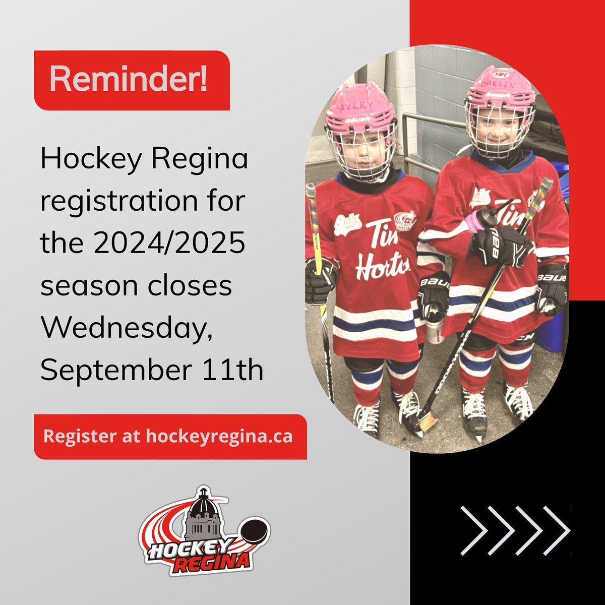 This is a reminder that registration for the 2024/2025 hockey season is still open. 

Questions? Check out the registration page on hockeyregina.ca, email hriregistration@hockeyregina.ca, or call the HRI team at 306-949-2577.

Registration closes Wednesday, September 11.