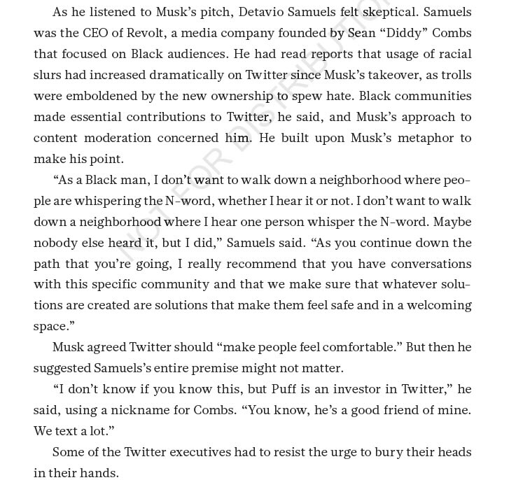 A full list of investors in Elon Musk’s Twitter deal was reported yesterday. One investor name that’s raising eyebrows is Sean “Diddy” Combs.

Our book CHARACTER LIMIT has a fun lil anecdote about Diddy’s investment. During the first week of his takeover, Musk joined a call with