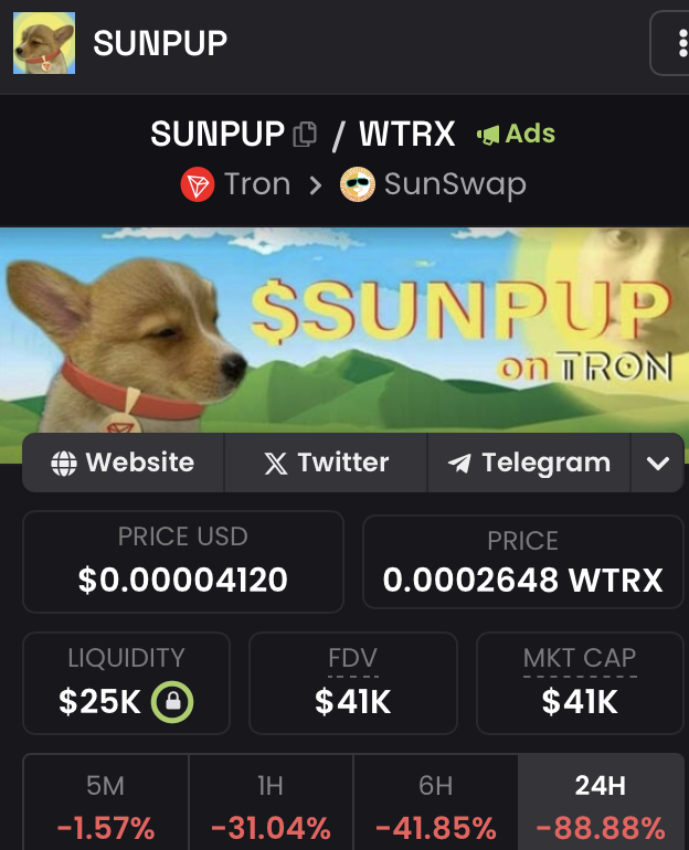SUNPUPCTO's tweet photo. $SUNPUP is officially on dexscreener with our CTO

first of the few CTOs that happened on $TRX 

WE ARE MOVING

COMMUNITY IS EXCITED https://t.co/CMdorhwqZP