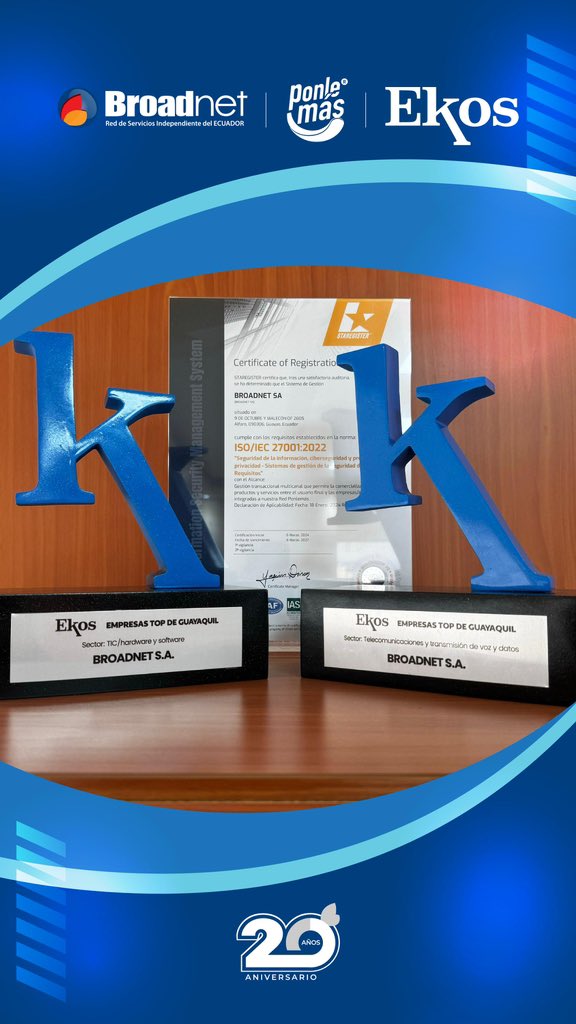 PonleMas's tweet image. ¡Orgullosos de ser reconocidos por EKOS en Telecomunicaciones y Transmisión de Voz y Datos y TIC / Hardware y Software en el evento &quot;Empresas que más aportan al desarrollo del Gran Guayaquil&quot;! 🌟 #Broadnet #GranGuayaquilProductivo #Innovación #Compromiso #revistaekos @revistaekos