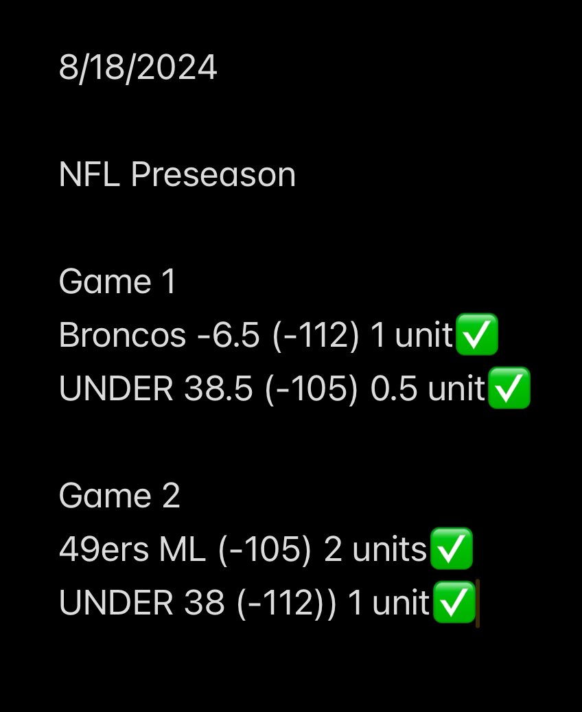 MLHacksNetwork's tweet image. 🏈NFL plays dropping today!

Sign up with a free trial @Moneylinehacks picks daily. 

🔥Last week we started the season off going 4-1 and sweeping 4-0 that weekend. 

We are now 8-1 (+8u)📈

All plays tracked in Discord for transparency✅

#Sportsbetting #NFL #NFLPreseason