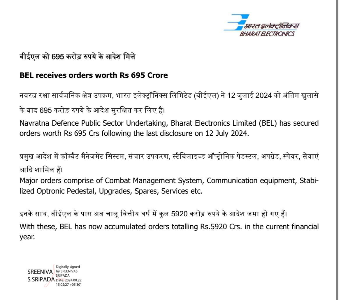 sabarisec's tweet image. BEL receives an order for 695 crores ✅

#BEL #sabarisec