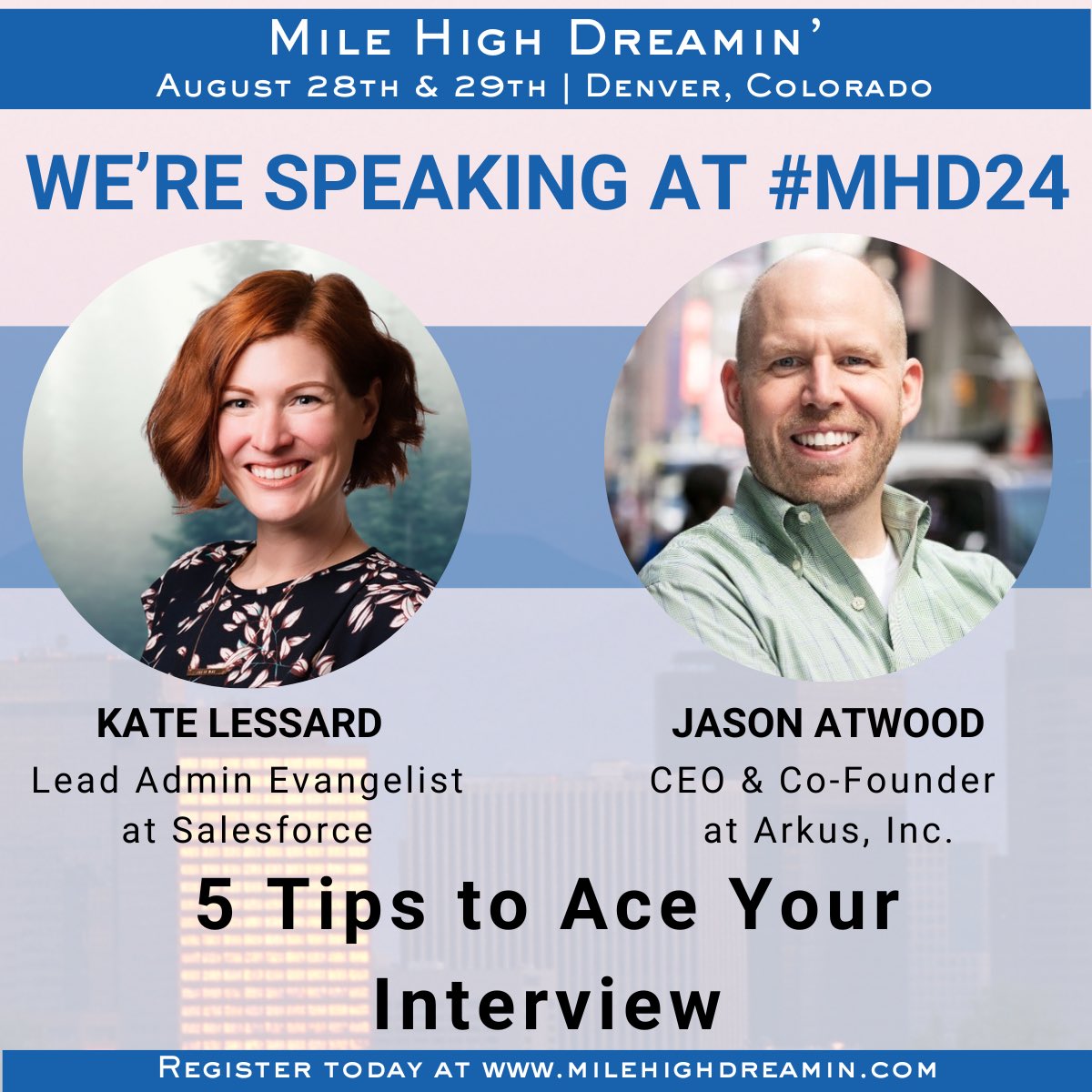 The dynamic duo is back to together <a href="/MileHighDreamin/">MileHighDreamin'</a> next week!

<a href="/SalesforceK8/">Kate Lessard</a> and I will be presenting “5 Tips to Ace Your Interview”. 

Don’t miss it… #MHD24