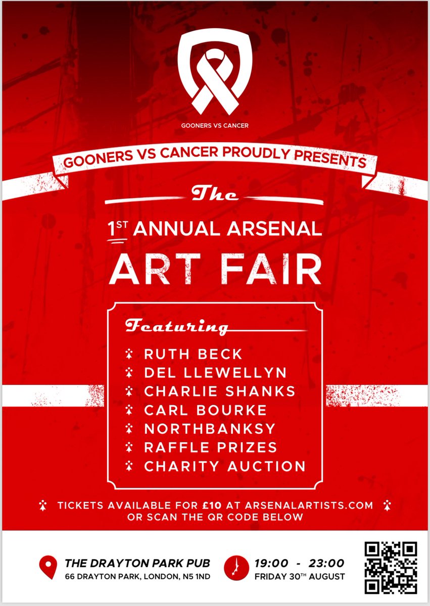 GOONERS V CANCER ART FAIR

One week Tomorrow! 

IF you can't be at the Drayton Park on Friday 30 Aug you can still be a part of this amazing event!

1) Buy "add-on" raffle tickets at discounted price of £4.50 each at bit.ly/arsenalartists