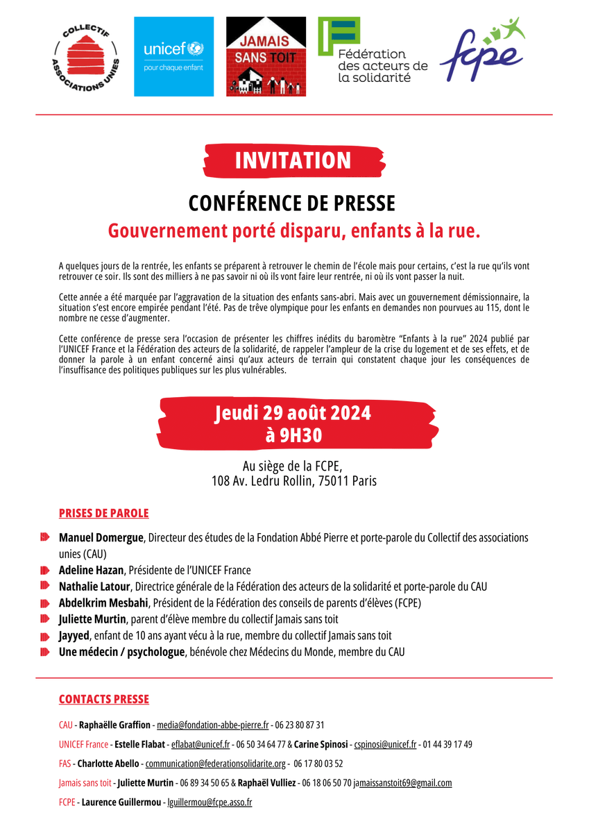 <a href="/gouvernementFR/">Gouvernement</a> porté disparu 👀, enfants à la rue

Conférence de presse jeudi 29 août chez <a href="/FCPE_nationale/">FCPE_nationale</a> avec : 
- chiffre 2024 du nb d'enfants à la rue 
- témoignage d'un enfant concerné
- remontées de terrain des professionnels et bénévoles

📩 journalistes sur inscription