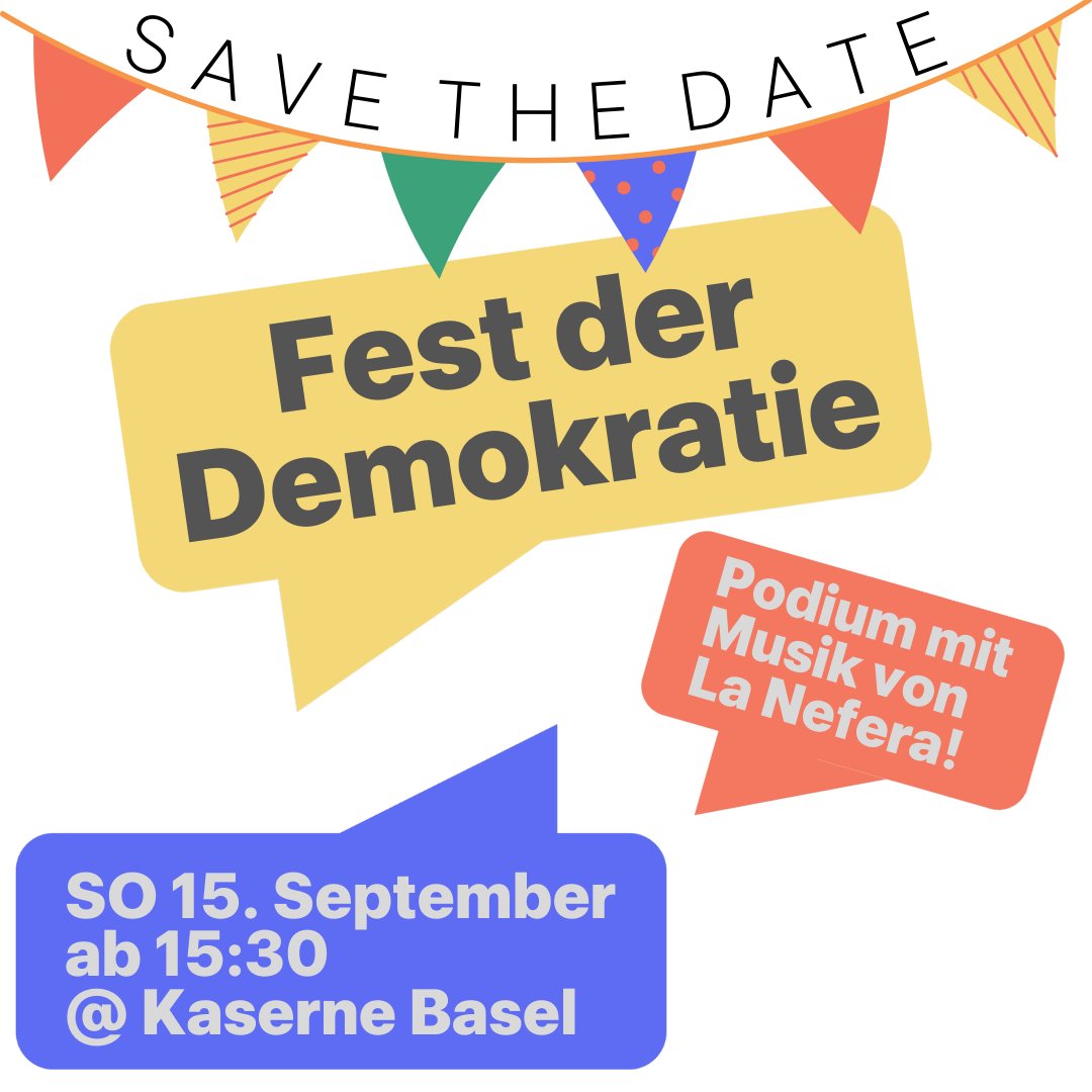 🥳Am Sonntag 15. September feiern wir gemeinsam die Demokratie. Im Zentrum steht das Podiumsgespräch um 16 Uhr, welches von der Künstlerin <a href="/LaNefera/">La Nefera</a>   begleitet wird.

Dazu Stände mit Food und anderen Aktivitäten. Zum Abschluss Latin/Cumbia dancing 💃🏽🕺🏻

🥳 Feierst du mit? 🥳