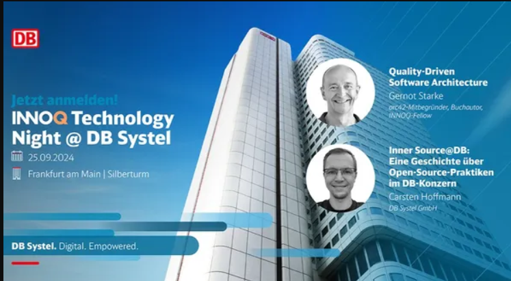 Nice: <a href="/INNOQ/">INNOQ</a> Technology Night Rhein Main at @dbsystel
Inner Source@DB, Quality-Driven Software Architecture  with <a href="/RalfDMueller/">Ralf D. Müller 📯 @rdmueller@mastodontech.de</a> @morl99 &amp; <a href="/gernotstarke/">Dr. Gernot Starke 🇺🇦</a>

meetup.com/de-DE/technolo…… #Tech #Networking #RheinMainRocks