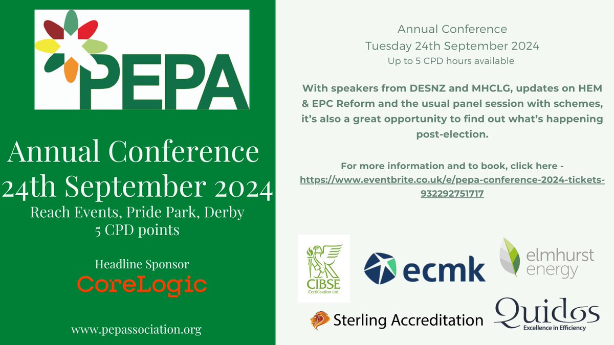 Just over 4 weeks to go until this year's <a href="/PEPA_LTD/">PEPA</a> Annual Conference on 24th September in Derby.  5 CPD points available - book here - PEPA Conference 2024 Tickets, Tue 24 Sep 2024 at 10:00 | Eventbrite #energyassessor