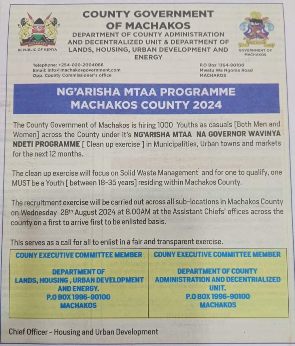 PhilippeSadjah's tweet photo. NG'ARISHA MTAA NA GOVERNOR WAVINYA NDETI PROGRAMME...

Any interested Youth in between the age 18-35 years should take it on his/her own hand's to participate directly and attended the recruitment drive at your nearest Assistant Chief's office's across MACHAKOS COUNTY. https://t.co/fDp36Oc9Mc
