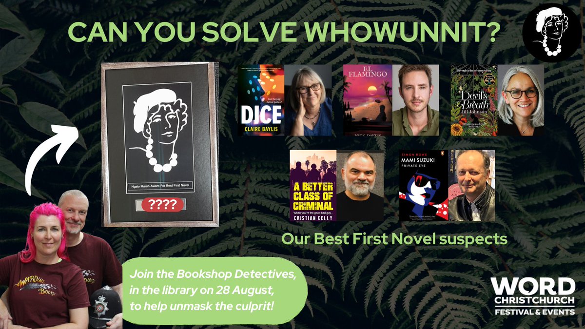 Can you solve the case of the #2024Ngaios? We've gathered the suspects; all are first-time offenders! The Bookshop Detectives are on the case...
Meet us in the library on Wed 28 August for final clues and interrogations, before the culprit is revealed! wordchristchurch.co.nz/programme/ngai…