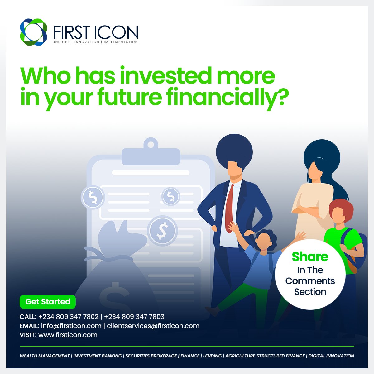 firsticon_Group's tweet photo. Who has invested more in your future? 

Let's know in the comment section.

#firsticongroup #firsticonworksforyou #investwithfirsticon #yourwealthpartner #wealthcreation https://t.co/kyjDudxFV8