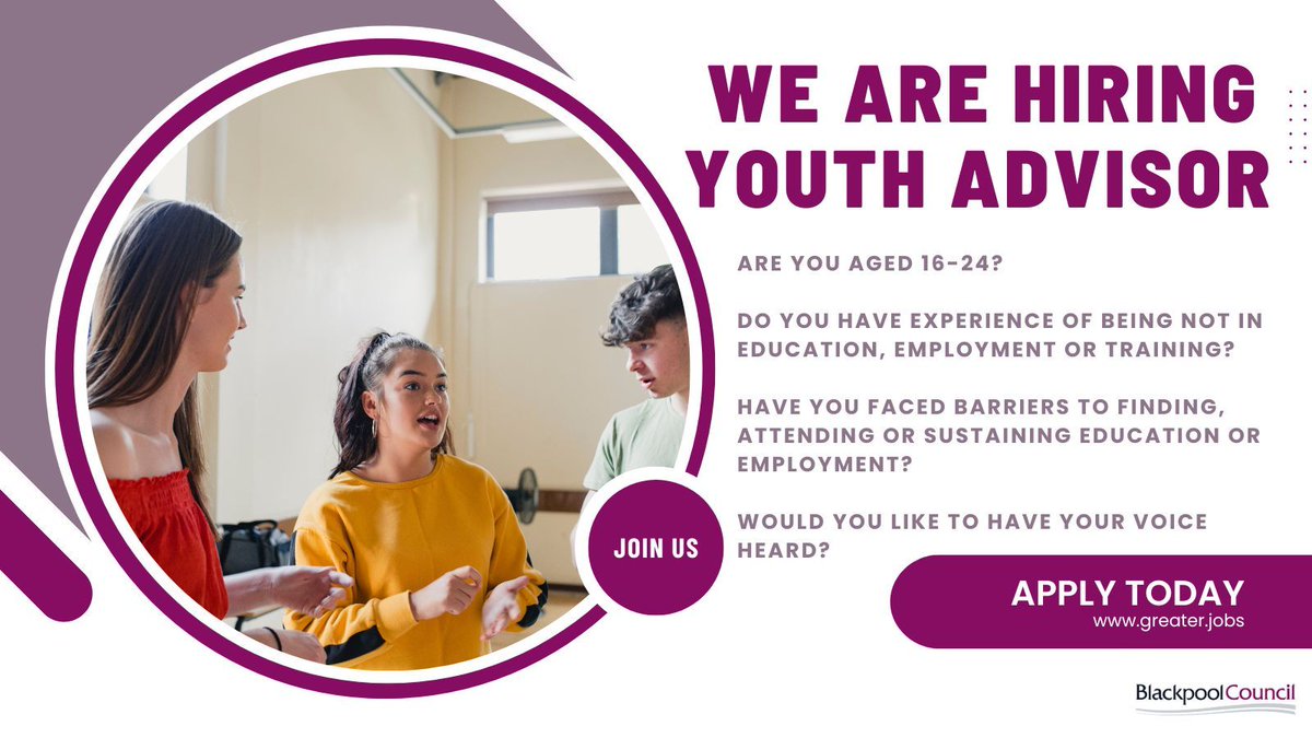 Right to Succeed (@right2succeed) on Twitter photo Are you aged 16-24 and want to make a big difference to the lives of children and young people? π
Apply to become a Youth Advisor with <a href="/BpoolCouncil/">Blackpool Council</a> today: buff.ly/3WUs4r8 Are you aged 16-24 and want to make a big difference to the lives of children and young people? π
Apply to become a Youth Advisor with <a href="/BpoolCouncil/">Blackpool Council</a> today: buff.ly/3WUs4r8