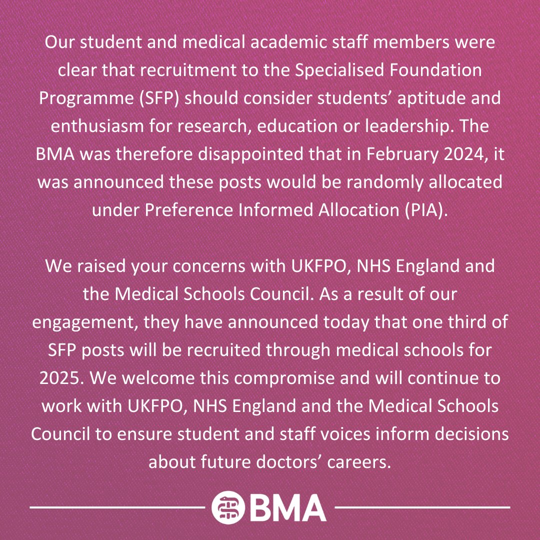BMA Students (@bmastudents) on Twitter photo BMA Statement on changes to the recruitment for the Specialised Foundation Programme (SFP) for 2025.
You can read more from NHS England and the Medical Schools Council here: england.nhs.uk/2024/08/specia… BMA Statement on changes to the recruitment for the Specialised Foundation Programme (SFP) for 2025.
You can read more from NHS England and the Medical Schools Council here: england.nhs.uk/2024/08/specia…