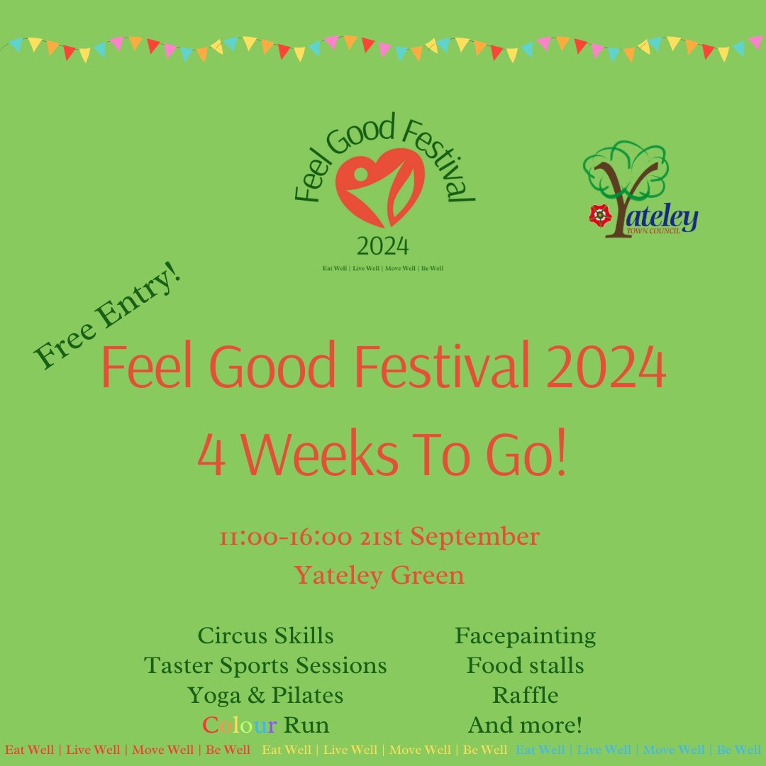 Just 4 weeks to go until the Feel Good Festival! We will soon be sharing the schedule for entertainment and taster classes, and how to book for the Colour Run! 
fb.me/e/3CJXWj1i5
feelgoodfestival.org.uk