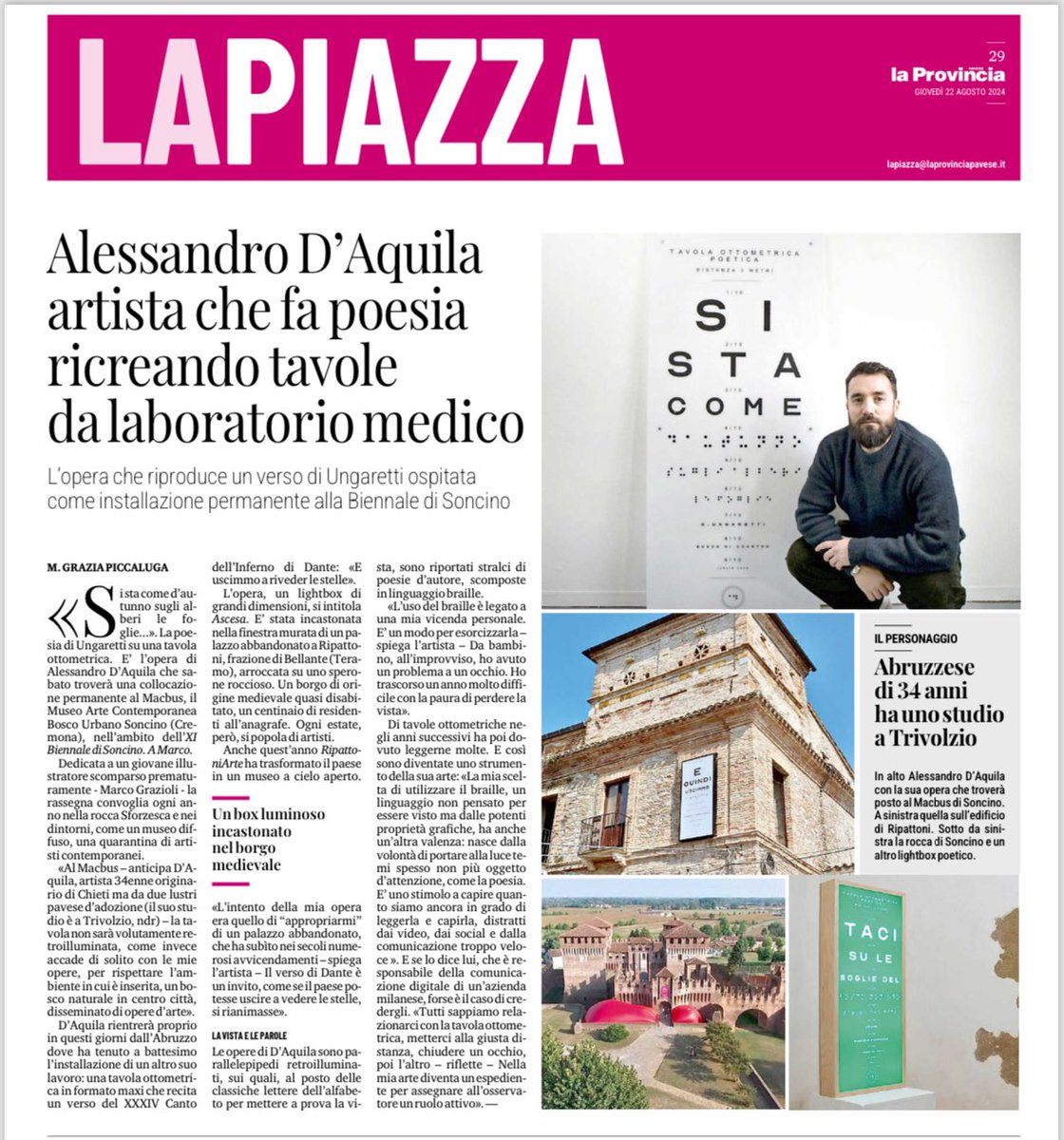 Oggi un articolo su La Provincia pavese parla delle mie due installazioni pubbliche permanenti a Ripattoni, a cura di Gianni Melozzi, e alla Biennale di Soncino. A Marco che sarà inaugurata Sabato 24 Agosto alle 17,30 a cura di Demis Martinelli.
Grazie a Maria Grazia Piccaluga