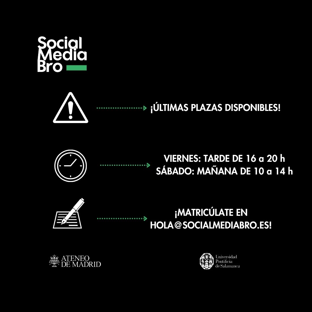 ¡En nada da COMIENZO #SocialMediaBro, el curso que cambiará tu vida! 🙌

🗓 13/09
📌 <a href="/ateneodemadrid/">Ateneo de Madrid</a>
✅️ Certificado por <a href="/upsa/">UPSA</a>

¡Últimas plazas para convertirte en un profesional pro con los mayores expert@s en comunicación digital! 🔝

MATRICÚLATE en hola@socialmediabro.es