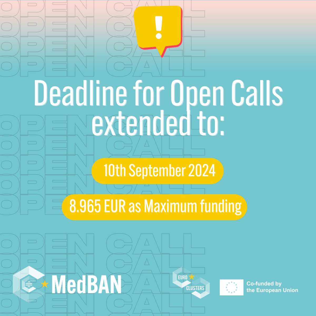 🚨📢 Important news from the #MedBANProject #OpenCalls: The deadline for applications has been extended until 10th September 2024!  

To apply:
➡️ Internationalisation: tinyurl.com/42p32mrr 
➡️ Innovation, Training and Twin Transition: tinyurl.com/yn2rkyes