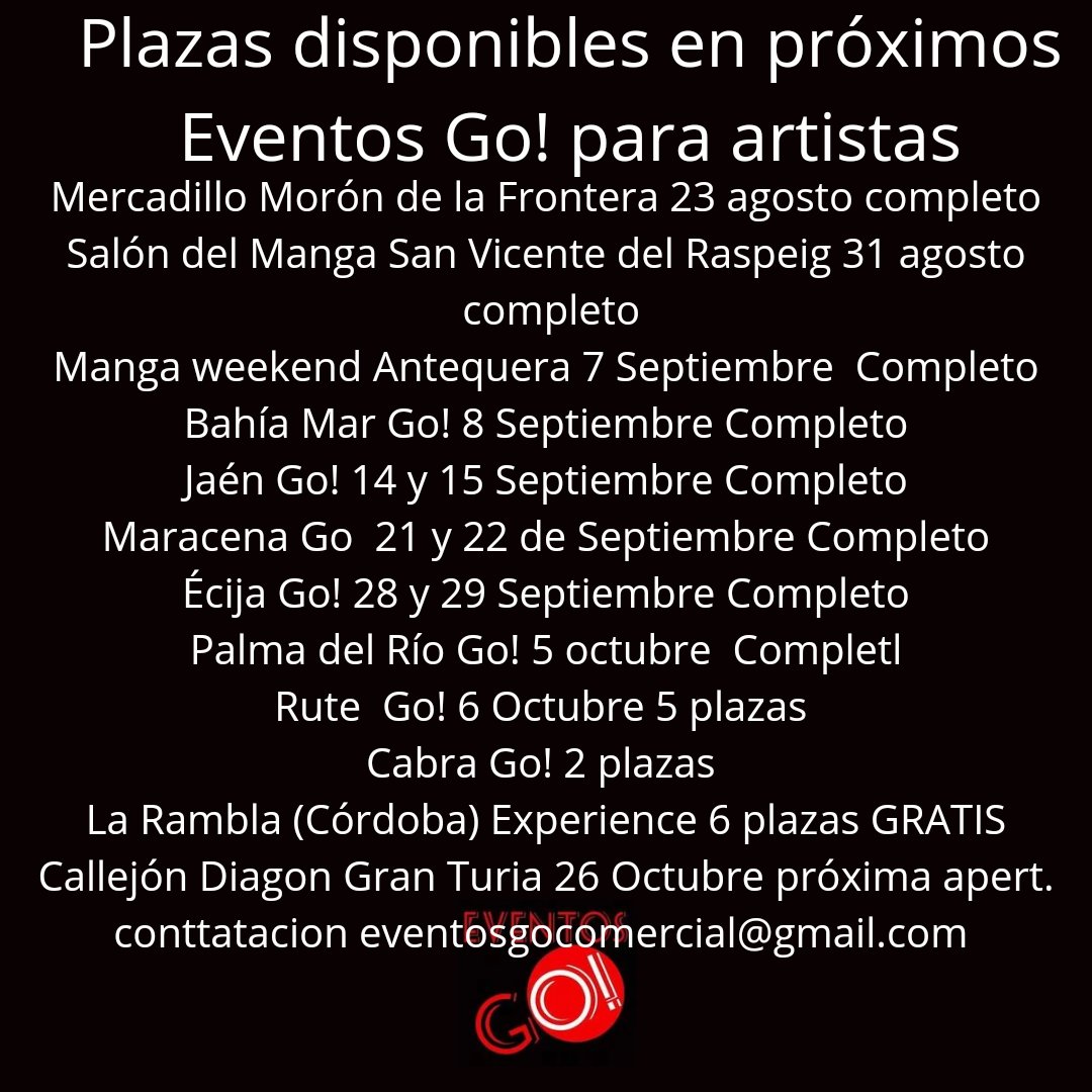 EventosGoFF's tweet photo. Como cada jueves. Estás son las pocas plazas disponibles para artistas para próximos #eventosgo https://t.co/GhEVErr6vC