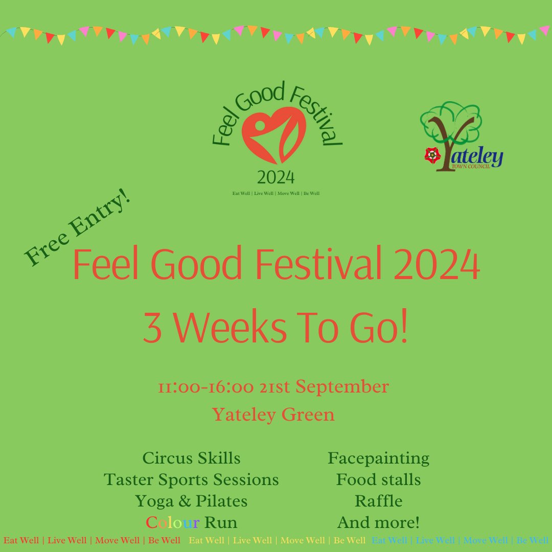 Just 3 weeks to go! This week we will be posting schedules and a booking link for the colour run. We are incredibly excited! Please keep sharing our posts and Facebook event, as well as our website link.
fb.me/e/3CJXWj1i5
feelgoodfestival.org.uk