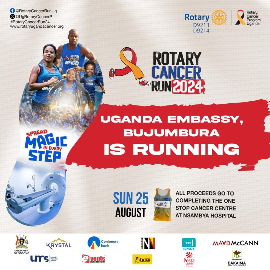 👋Burundi family. 🏅 Calling all runners and walkers! It’s time to rally together for the #RotaryCancerRun24 on 25th August 2024. 

Join Uganda Embassy, Bujumbura as we raise funds &amp; awareness about ♋️ and show solidarity with those affected.

You too can register now at