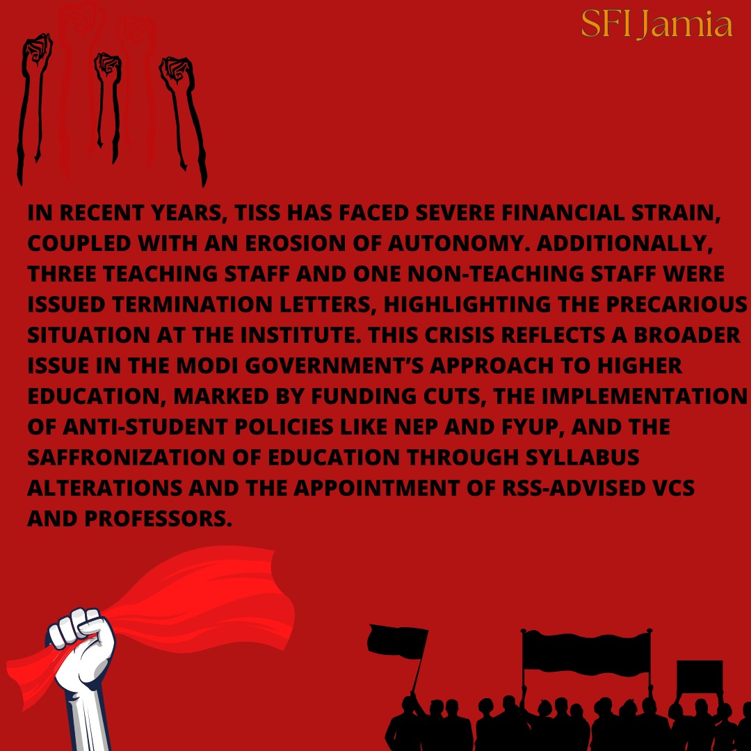 JmiSfi's tweet image. Standing against tyranny! SFI Jamia condemns TISS administration repressive ban on PSF. We must unite to defend student rights, academic freedom, and resist the fascist takeover of education to destroy it. #resistrepression #StandWithPSF #fightforeducation #sfidelhi #sfijmi