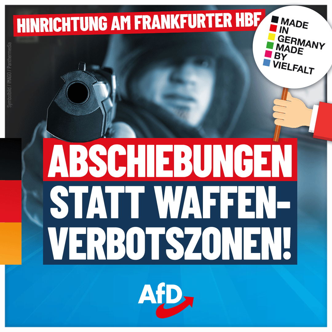 AfD's tweet photo. Hinrichtung am Frankfurter #Hauptbahnhof: #Abschiebungen statt #Waffenverbotszonen!

Es sind unfassbare Zustände, die in unserem Land zum schrecklichen Alltag geworden sind: Am Dienstagabend wurde mitten im Hauptbahnhof von #Frankfurt am Main ein 27-jähriger Mann regelrecht hingerichtet. Ein 54-jähriger #Türke schoss seinem Landsmann mit einer Pistole von hinten in den Kopf und gab anschließend weitere Schüsse auf das am Boden liegende Opfer ab. Der Mann war sofort tot, der Täter versuchte zu flüchten und ließ sich dann von der Bundespolizei festnehmen. Hunderte Reisegäste, die am Gleis 9 auf ihren Zug warteten, mussten die Bluttat mitansehen.

Dass unsere #Bahnhöfe infolge der #Massenmigration immer unsicherer werden, ist schon schlimm genug. Es hat jedoch eine neue Qualität, wenn Mörder mitten in einem Hauptbahnhof ihre Opfer hinrichten und sich dabei nicht im Geringsten um das anwesende Publikum oder die Überwachungskameras scheren. Derartige Verhältnisse bringt man mit Entwicklungsländern, gescheiterten Staaten und Bürgerkriegsgebieten in Verbindung, nicht jedoch mit einer stabilen und zivilisierten Republik in Mitteleuropa. Aber genau das ist die Entwicklung: Mit der #Ampel und der #CDU sind wir ganz unten angekommen. Wir bewegen uns auf Verhältnisse zu, die wir uns in normalen Zeiten nicht vorstellen konnten.

Und auch nach der Bluttat von Frankfurt streuen die etablierten Parteien den Bürgern Sand in die Augen und lenken vom eigentlichen Problem ab: Die CDU fordert Gesichtserkennungs-Software an Bahnhöfen und „ein strengeres Waffenrecht“, anstatt die Massenmigration als eigentliche Ursache des Niedergangs auch nur zu benennen. Doch die Folgen der unkontrollierten Einwanderung lassen sich weder mit #Gesichtserkennung, noch mit albernen Waffenverbotszonen einhegen. Die #AfD lehnt es ab, an den Symptomen herumzudoktern. Wir fordern stattdessen: Grenzen schützen, Massenmigration beenden und Straftäter mit ausländischer Staatsbürgerschaft konsequent ausweisen! #DeshalbAfD