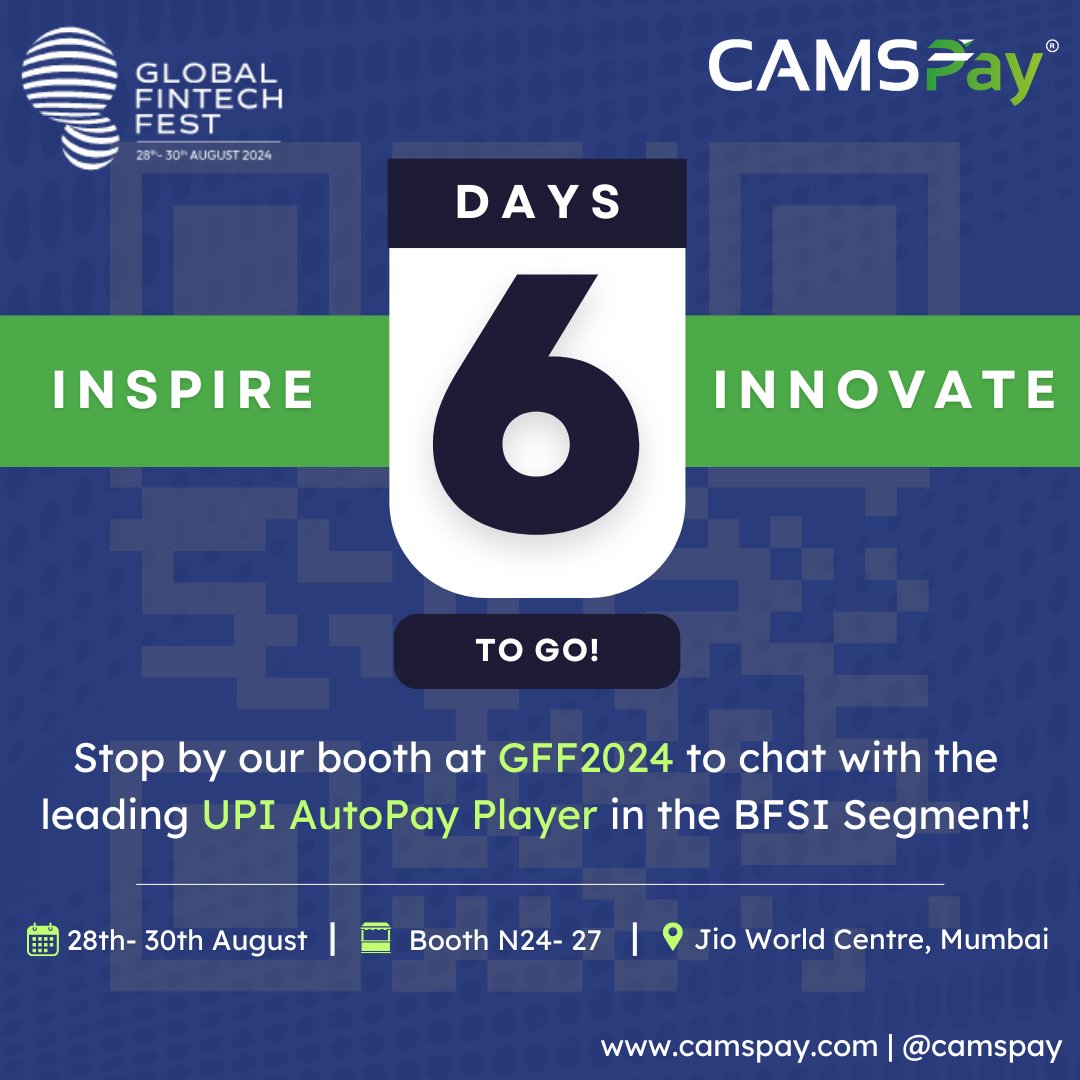 camspay's tweet photo. CAMSPay introduced UPI AutoPay to the BFSI sector in 2020 &amp; now ranks among the top players in the industry! With compliance at our core, we’re proud to be one of the first with RBI authorization. Looking to collaborate? Visit us at #GFF2024 | Booth N24-27 | Aug 28-30 @ Jio World https://t.co/95Setp17X6