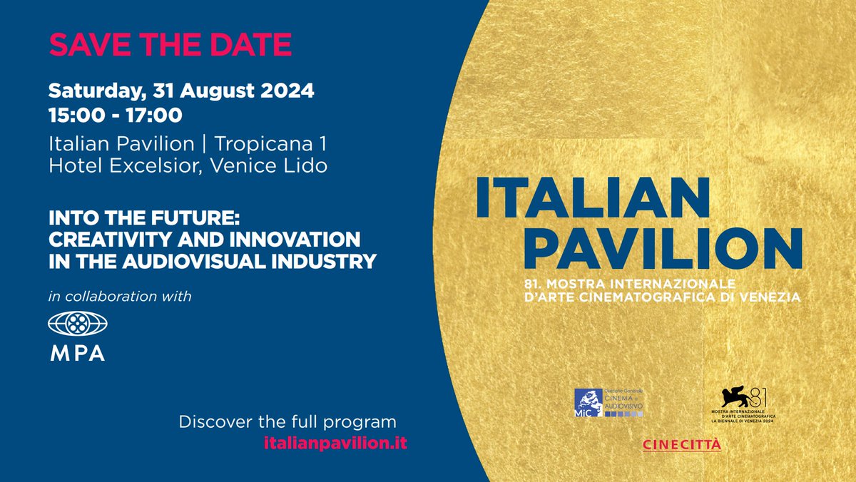 MPAEurope's tweet photo. 📅 Save the Date!

Join us on August 31st to discover how the film industry is evolving to future-proof our sector, with insights from thought leaders on best practices, innovation and how to attract the next generation of talent.

See you there! 🎬 #BiennaleCinema2024 #Venice81 https://t.co/fJIrJxufdu