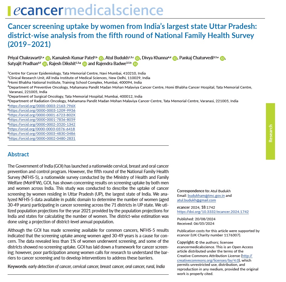 Our district-wise analysis on breast, cervical, and oral cancer screening uptake by women in Uttar Pradesh state, India is published in <a href="/ecancer/">ecancer</a>. Poor cancer screening uptake by women calls for research to understand barriers and develop interventions to address them.
