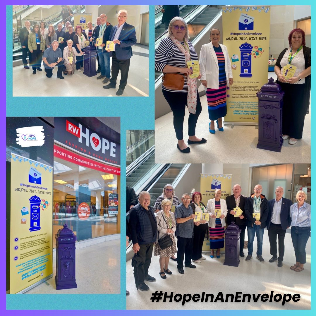EPiCHOPEUK's tweet photo. Today we launch #HopeInAnEnvelope Write a letter, card, or note filled with hope and post it in one of our purple post boxes at the Grand Arcade Wigan!
Next week they’ll be in Leigh Market, and libraries across the borough!
#WSPD #MonthOfHope #Wigan #Leigh https://t.co/1nRfK2j0Z3