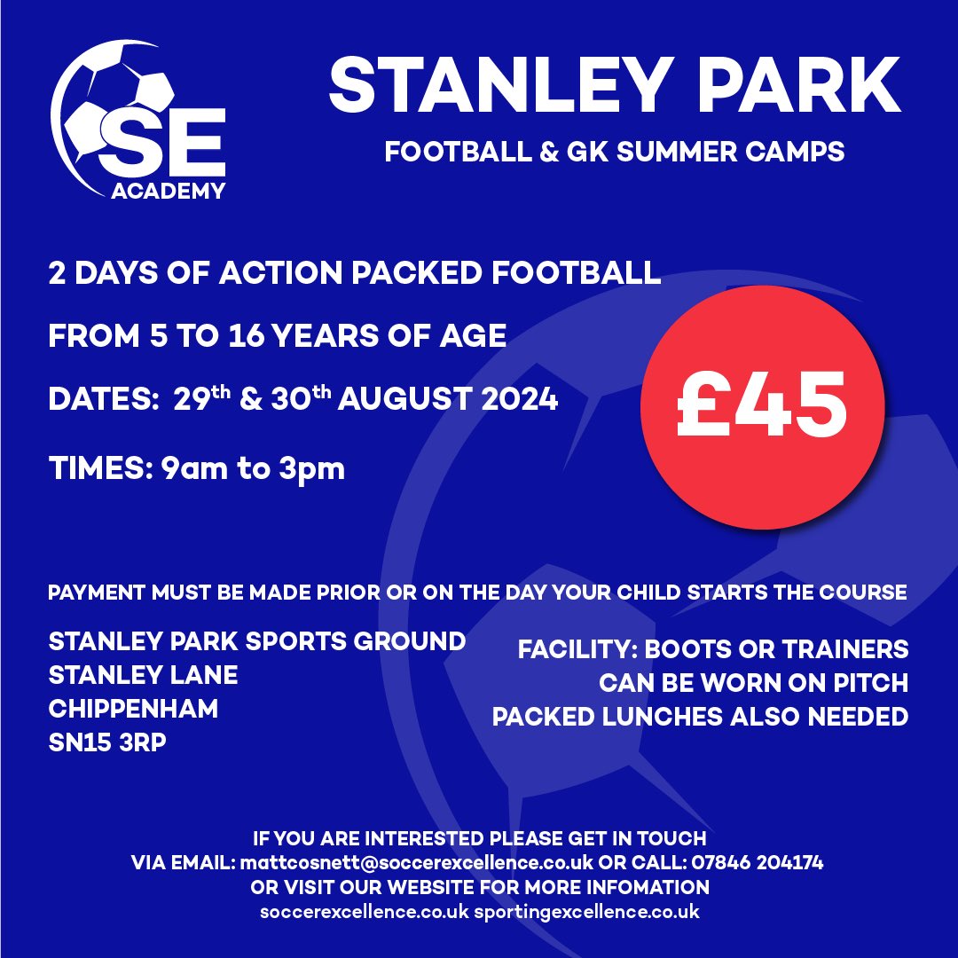 Spaces available
For next weeks camps running 

Football fun for children of all
Abilities welcome, great way to end the summer holidays with a treat

Contact us now to book in

@StanleyParkSG 
<a href="/YSswindon/">Your Sport Swindon</a> 
<a href="/nwyfleague/">North Wilts League</a>