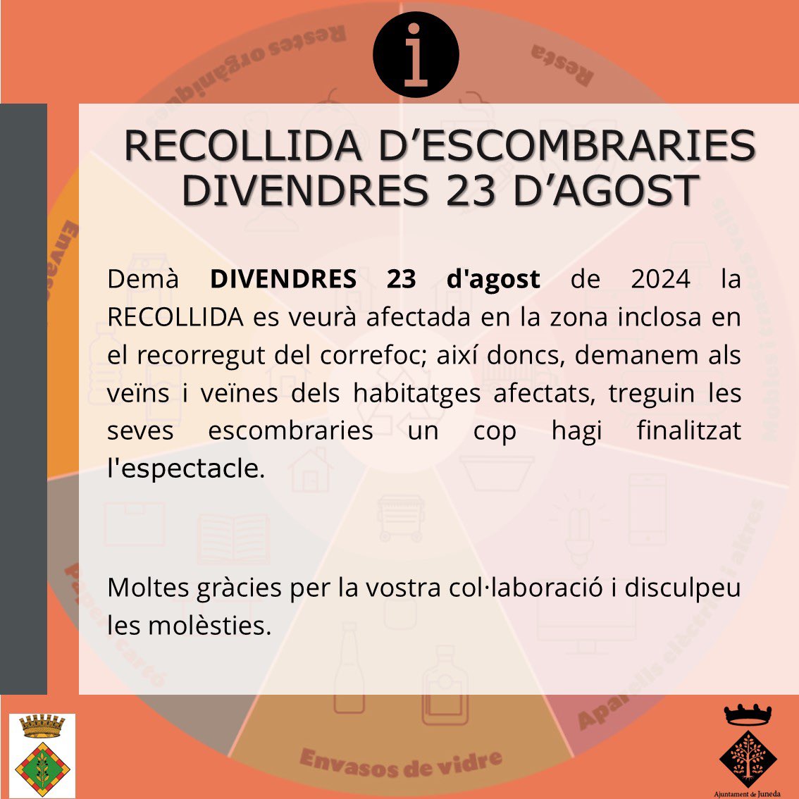 ℹ RECOLLIDA D'ESCOMBRARIES per divendres 23 d'agost!!!

#junedamésapropteu #juneda #lesgarrigues #portaaporta #fmjuneda2024