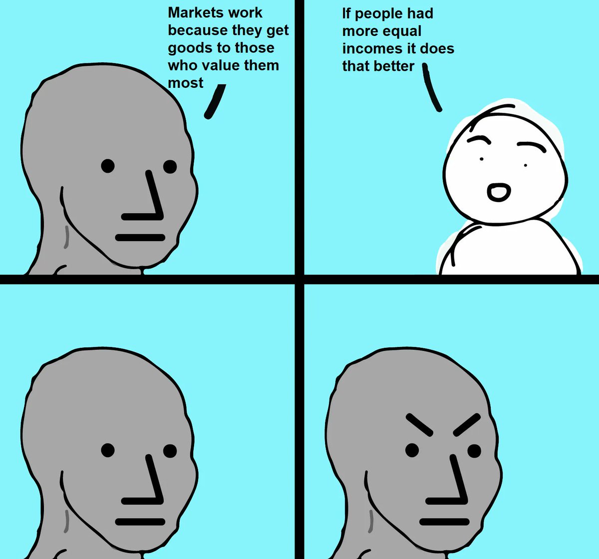 Markets distribute based on Willingness to Pay (WTP). WTP can be broken into 2 basic components: ability to pay * preference intensity. The great thing about egalitarianism is it means distribution is governed more by the latter, and less by the former.