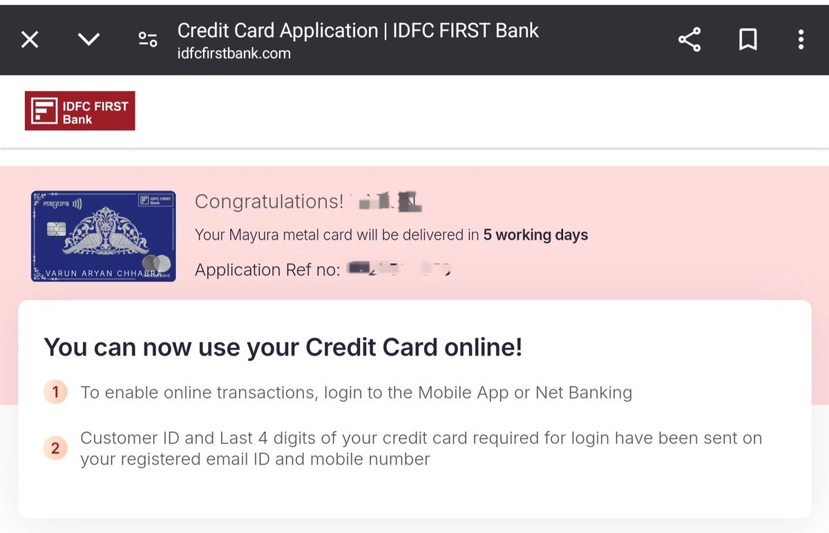 CardPerksPro's tweet photo. IDFC Mayura 💳 card now alive and kicking.

3rd Card from IDFC arsenal. @IDFCFIRSTBank  #ccgeeks #ccgeek @ankurmittal @CardMavenIn @cards_wizard https://t.co/cDCiXBTrvt