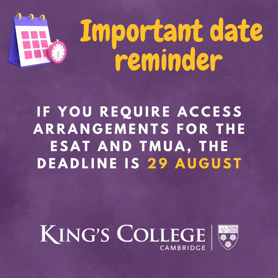 Kings_Outreach's tweet image. Just a reminder that if you require access arrangements for the ESAT and TMUA, the deadline is in one week - 29th August 2024. More information about access arrangements can be found here: esat-tmua.ac.uk/access-arrange…
#esat #tmua #uniapplication @ucas_online