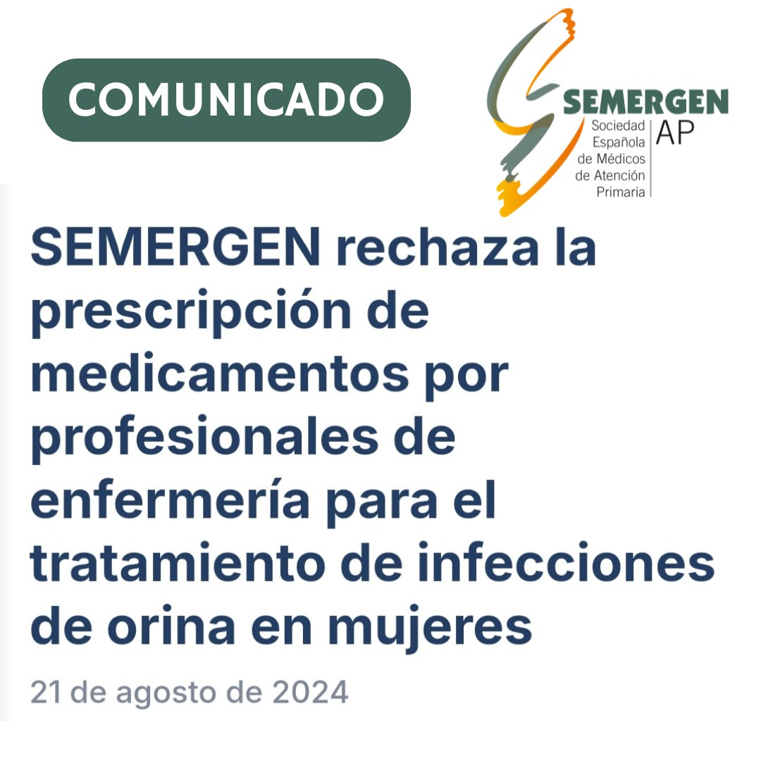 SEMERGENap's tweet photo. 📃Comunicado. SEMERGEN rechaza la prescripción de medicamentos por profesionales de enfermería para el tratamiento de infecciones de orina en mujeres.
https://t.co/nbzzEXZ6Ok https://t.co/J3eyT7MEtq