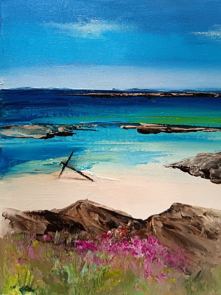 EoinLaneWriter's tweet photo. Anchor Beach, Aughrismore, Connemara. Oil on Canvas, 18 x 23 cm. Now on show in The Lavelle Art Gallery #clifden. If you zoom in you'll be able to see the outlines of Inishshark and Inishbofin islands on the horizon. #irishartist #visitconnemara #wildatlanticway #irishpaintings https://t.co/KHIXirqiPi