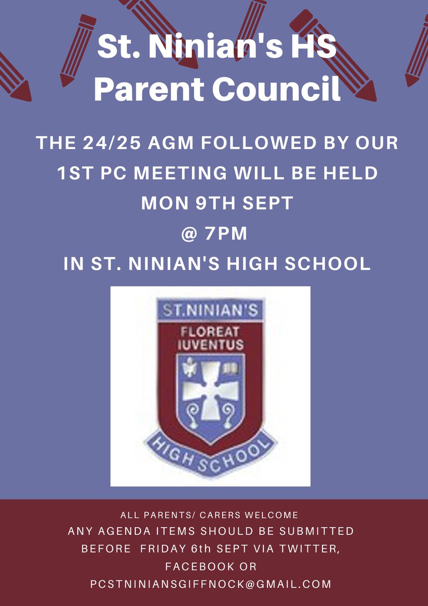 StNiniansPc's tweet photo. Welcome back &amp;  welcome to our new members/families, pls see below details for our upcoming AGM followed by the 1st PC meeting @ 7 on 09/09. All parents/carers are welcome &amp; are encouraged to submit any items for the agenda.
Pls note the PC dates for the rest of the year 24/25 https://t.co/bNvhB3jtJe